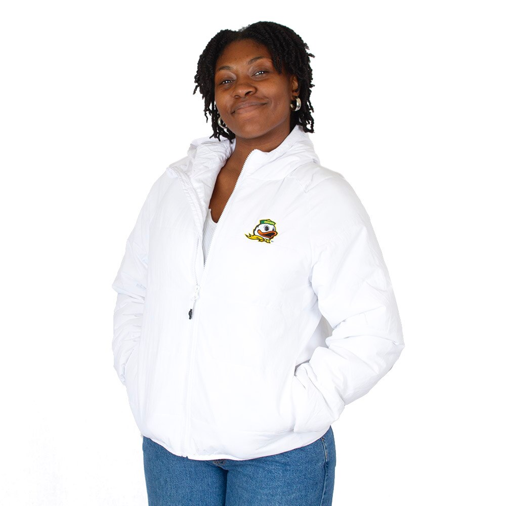 Ducks Spirit, Antigua, White, Coat/Jacket, Nylon, Women, Oregon Mascot, Universe, Puffer, 1013635